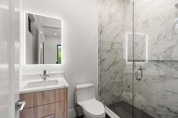 Bathroom, Glass Shower, Interior, Marble Walls, Recessed Lighting
