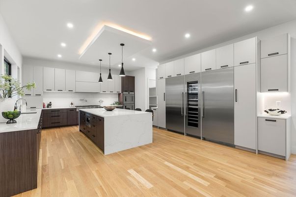 Interior, Kitchen, Pendant Lights, Recessed Lighting, Stainless Steel Appliances, Wood Texture Flooring