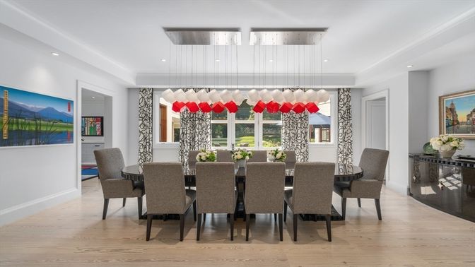 Dining room, Interior, Pendant Lights, Recessed Lighting, Wood Texture Flooring