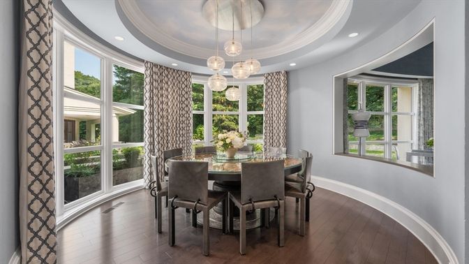 Dining room, Interior, Pendant Lights, Recessed Lighting, Wood Texture Flooring
