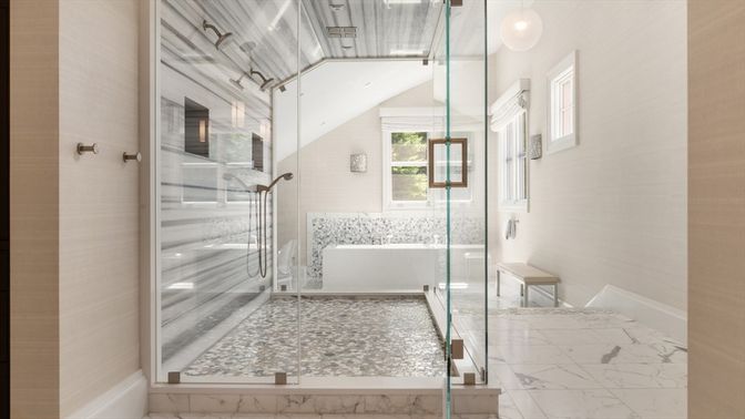 Bathroom, Glass Shower, Interior, Marble, Pendant Lights