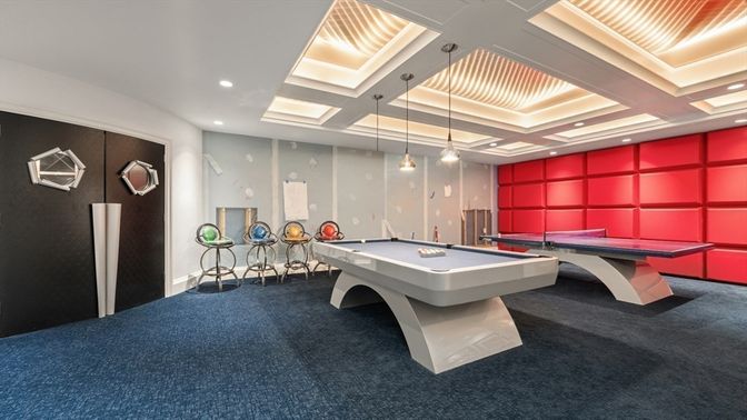 Billiard Table, Game Room, Interior, Pendant Lights, Recessed Lighting
