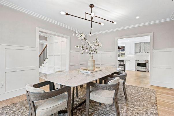 Dining room, Interior, Kitchen, Pendant Lights, Recessed Lighting, Stainless Steel Appliances, Wood Texture Flooring