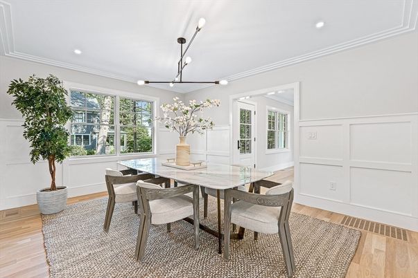 Dining room, Interior, Pendant Lights, Recessed Lighting, Wood Texture Flooring