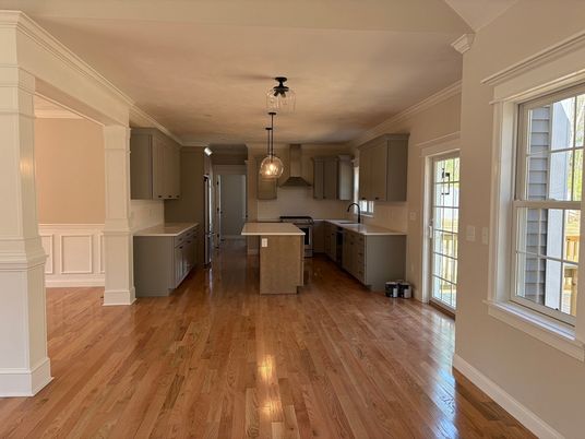 Interior, Kitchen, Pendant Lights, Wood Texture Flooring