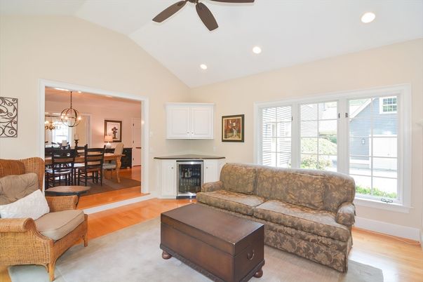 Chandelier, Dining room, Fireplace, Interior, Living room, Recessed Lighting, Wood Texture Flooring
