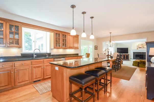 Dining room, Fireplace, Interior, Kitchen, Pendant Lights, Wood Texture Flooring
