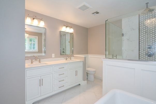 Bathroom, Dual Sink Vanities, Glass Shower, Interior, Marble, Marble Walls