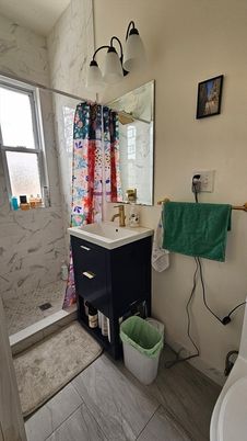 Bathroom, Interior, Marble Walls, Wood Texture Flooring