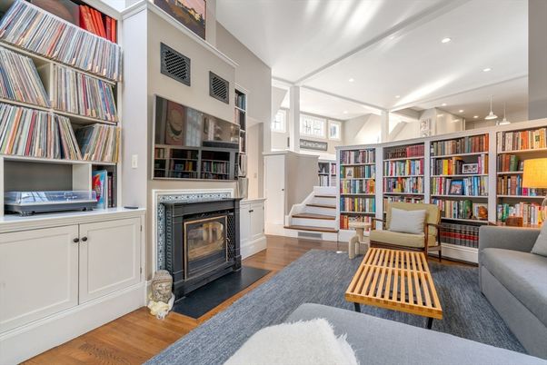 Fireplace, Interior, Living room, Recessed Lighting, Wood Texture Flooring