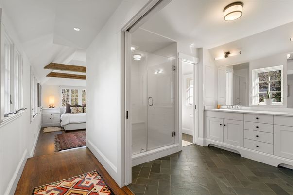 Bathroom, Bedroom, Glass Shower, Interior, Recessed Lighting, Wooden Beams, Wood Texture Flooring