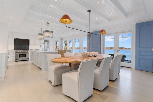 Chandelier, Dining room, Interior, Kitchen, Pendant Lights, Recessed Lighting, Stainless Steel Appliances, Water, Wood Texture Flooring