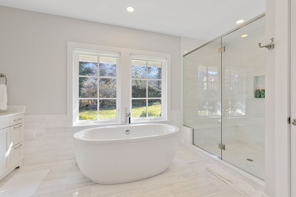 Bathroom, Free Standing Baths, Glass Shower, Interior, Marble Walls, Recessed Lighting