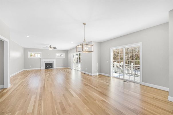 Empty room, Fireplace, Interior, Pendant Lights, Recessed Lighting, Wood Texture Flooring