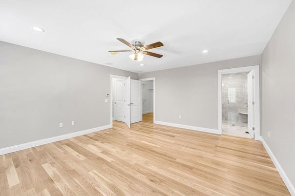 Bathroom, Empty room, Interior, Recessed Lighting, Wood Texture Flooring