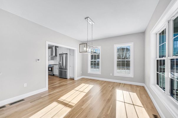 Empty room, Interior, Kitchen, Pendant Lights, Stainless Steel Appliances, Wood Texture Flooring