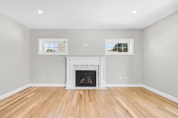 Empty room, Fireplace, Interior, Recessed Lighting, Wood Texture Flooring