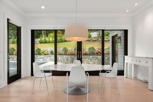 Dining room, Interior, Pendant Lights, Recessed Lighting, Wood Texture Flooring