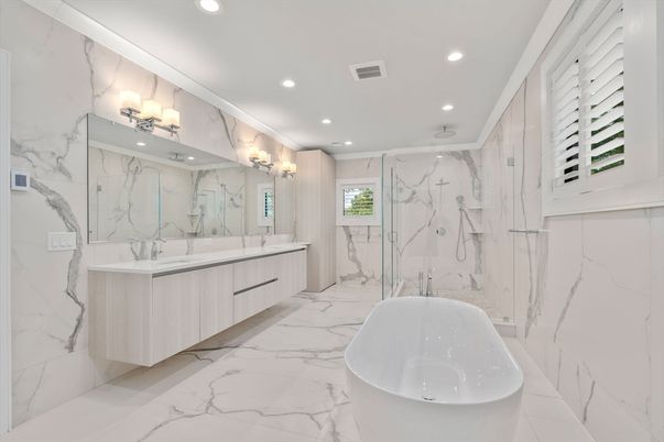 Bathroom, Dual Sink Vanities, Free Standing Baths, Glass Shower, Interior, Marble, Marble Walls, Recessed Lighting