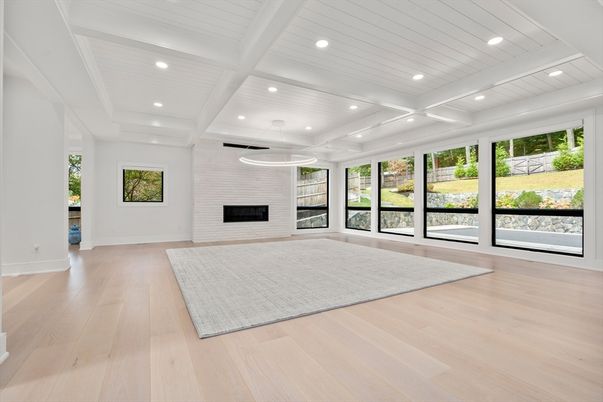 Empty room, Fireplace, Interior, Pendant Lights, Recessed Lighting, Wood Texture Flooring