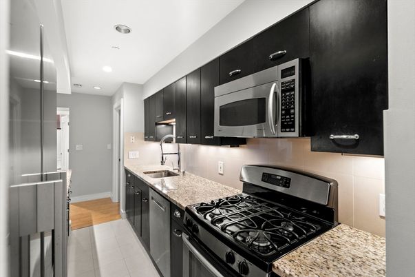 Interior, Kitchen, Recessed Lighting, Stainless Steel Appliances, Wood Texture Flooring