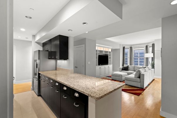 Interior, Kitchen, Living room, Recessed Lighting, Stainless Steel Appliances, Wood Texture Flooring
