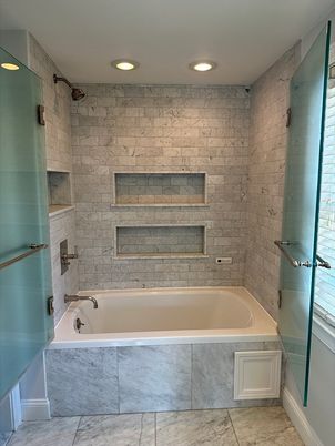 Bathroom, Glass Shower, Interior, Recessed Lighting, Stone Walls