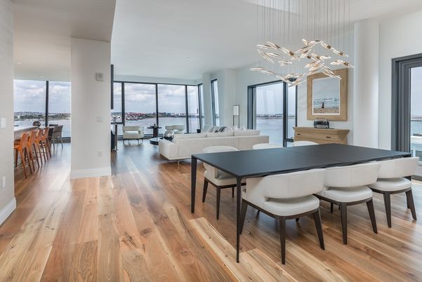 Dining room, Interior, Living room, Pendant Lights, Wood Texture Flooring
