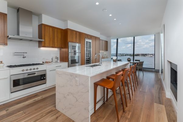 Interior, Kitchen, Recessed Lighting, Stainless Steel Appliances, Water, Wood Texture Flooring
