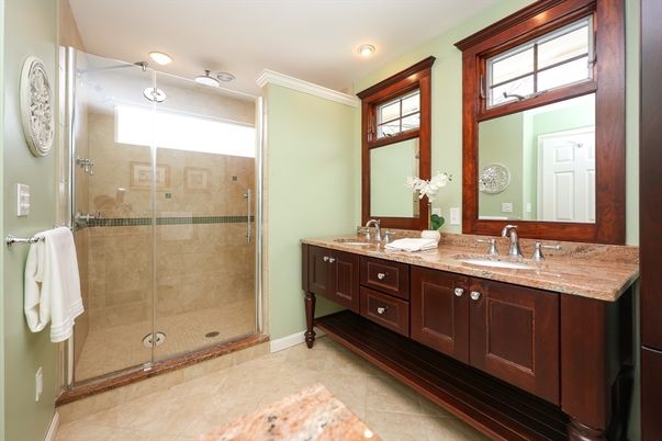 Bathroom, Dual Sink Vanities, Glass Shower, Interior, Recessed Lighting