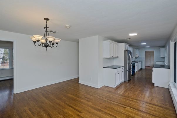 Chandelier, Interior, Kitchen, Recessed Lighting, Wood Texture Flooring