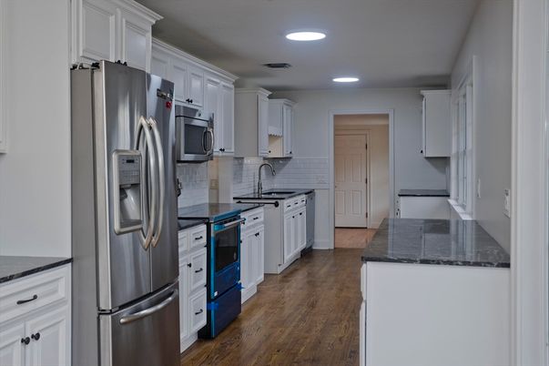 Interior, Kitchen, Recessed Lighting, Stainless Steel Appliances, Wood Texture Flooring