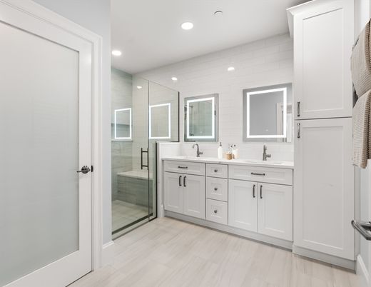 Bathroom, Dual Sink Vanities, Glass Shower, Interior, Recessed Lighting, Wood Texture Flooring