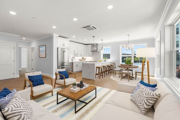 Dining room, Interior, Kitchen, Living room, Pendant Lights, Recessed Lighting, Stainless Steel Appliances, Wood Texture Flooring