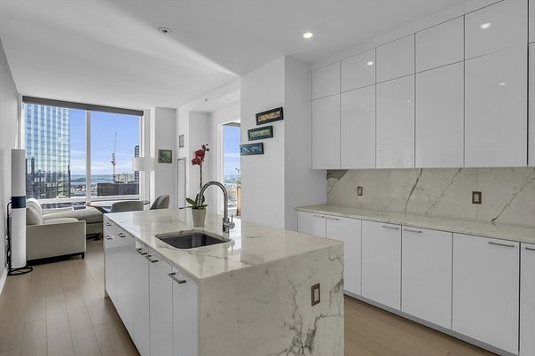 Interior, Kitchen, Living room, Marble Walls, Recessed Lighting, Wood Texture Flooring