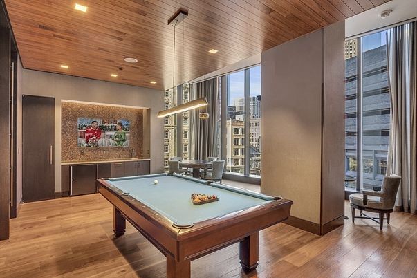 Billiard Table, Game Room, Interior, Pendant Lights, Recessed Lighting, Wooden Ceilings, Wood Texture Flooring