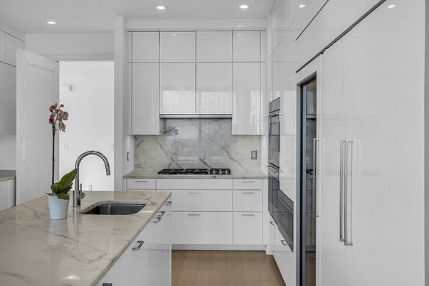 Interior, Kitchen, Marble Walls, Recessed Lighting, Wood Texture Flooring