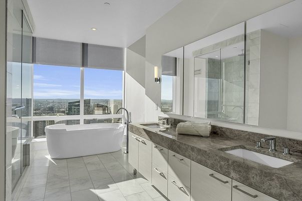 Bathroom, Dual Sink Vanities, Free Standing Baths, Glass Shower, Interior, Marble, Recessed Lighting