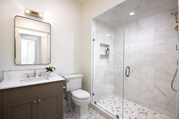 Bathroom, Glass Shower, Interior, Marble, Marble Walls, Recessed Lighting