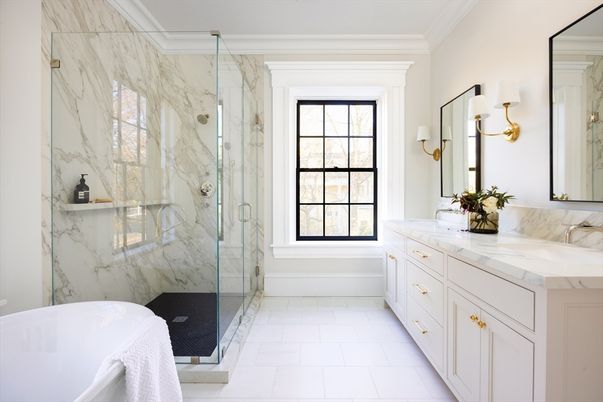 Bathroom, Dual Sink Vanities, Free Standing Baths, Glass Shower, Interior, Marble, Marble Walls