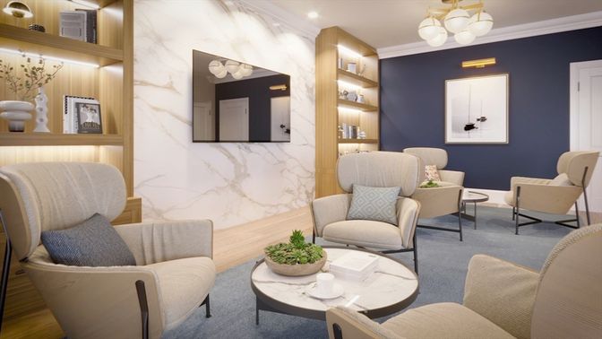 Interior, Living room, Marble Walls, Recessed Lighting, Wood Texture Flooring