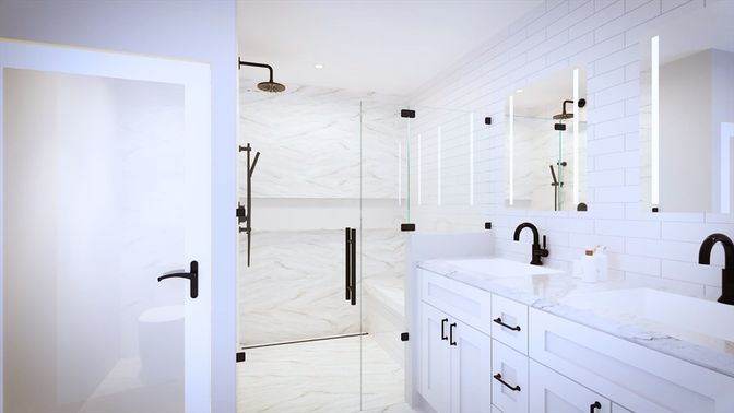 Bathroom, Dual Sink Vanities, Glass Shower, Interior, Marble, Marble Walls, Recessed Lighting