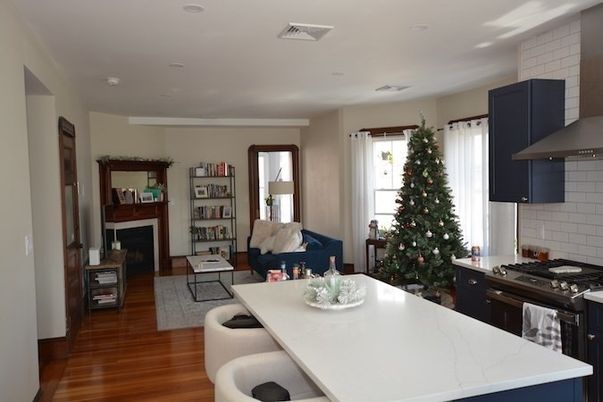Dining room, Fireplace, Interior, Kitchen, Living room, Recessed Lighting, Stainless Steel Appliances, Wood Texture Flooring