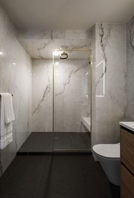 Bathroom, Free Standing Baths, Glass Shower, Interior, Marble Walls