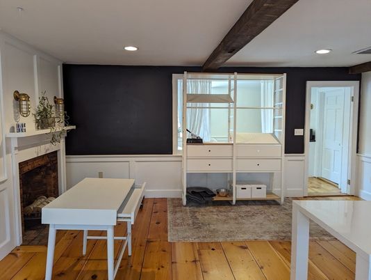 Fireplace, Interior, Recessed Lighting, Wooden Beams, Wood Texture Flooring