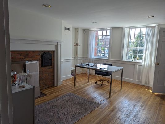 Fireplace, Home Office, Interior, Recessed Lighting, Stone Walls, Wood Texture Flooring