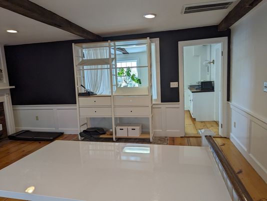 Fireplace, Interior, Recessed Lighting, Wooden Beams, Wood Texture Flooring