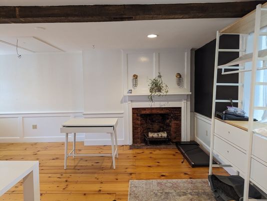 Fireplace, Interior, Recessed Lighting, Wood Texture Flooring