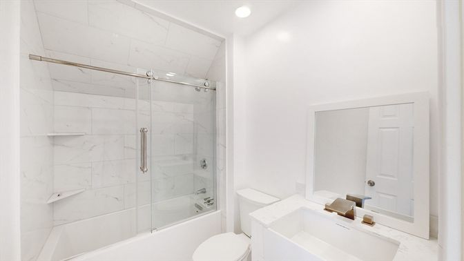 Bathroom, Glass Shower, Interior, Marble, Marble Walls, Recessed Lighting