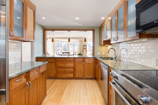 Interior, Kitchen, Pendant Lights, Recessed Lighting, Stainless Steel Appliances, Wood Texture Flooring